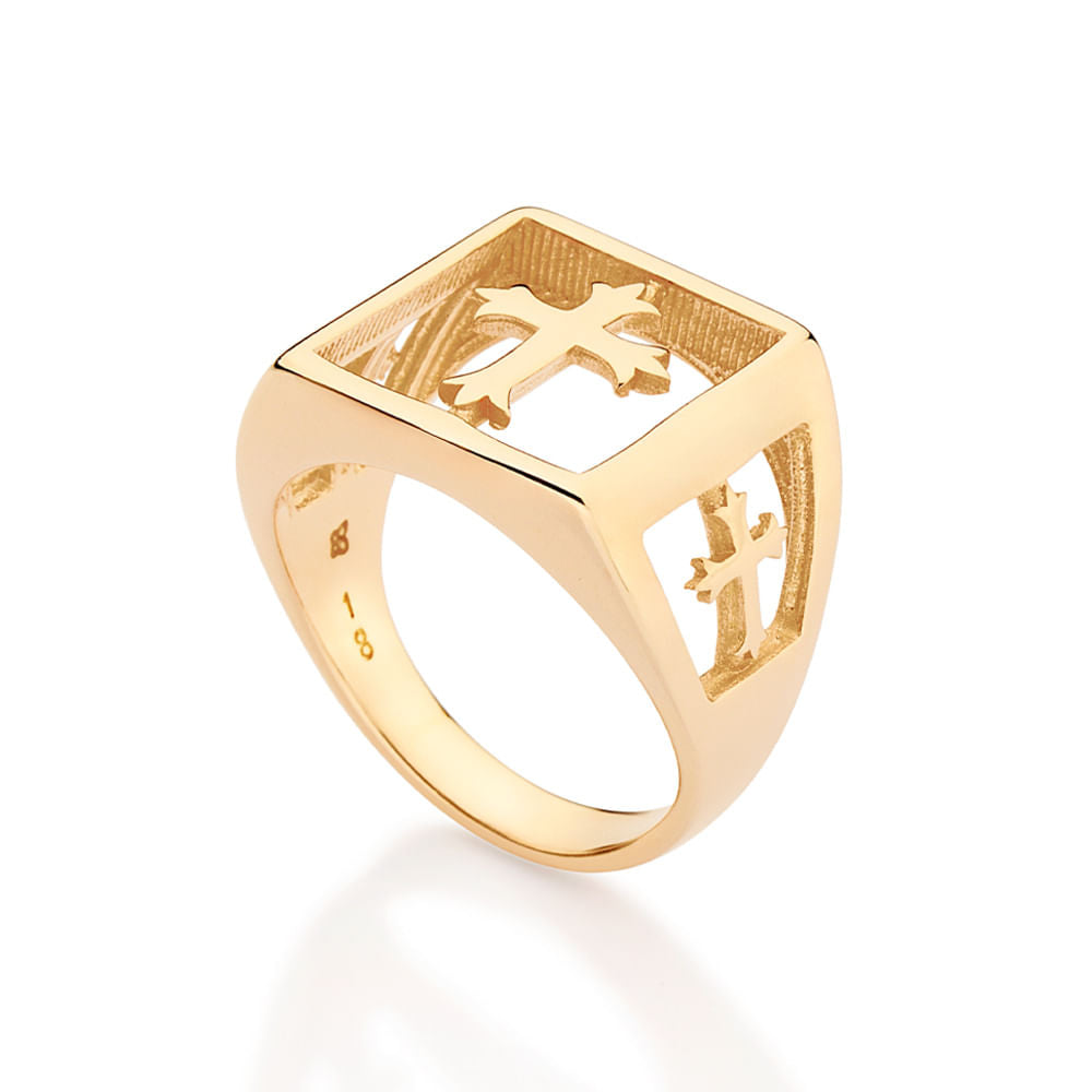 Maxi Anel Chevalier Vazado Com Cruz Banhado a Ouro 18k