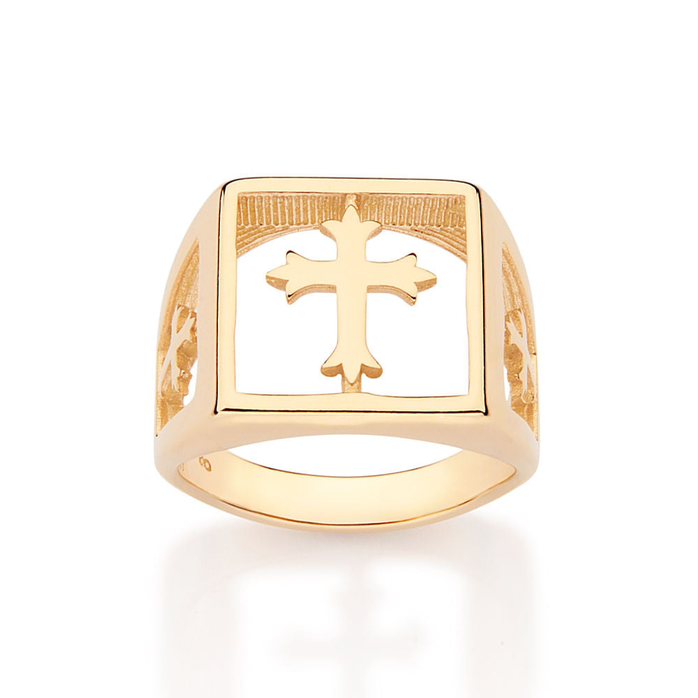 Maxi Anel Chevalier Vazado Com Cruz Banhado a Ouro 18k