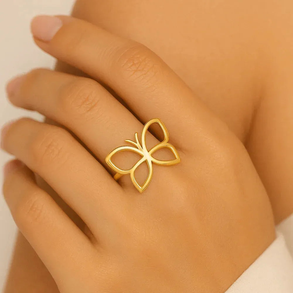 Anel Borboleta Rommanel Vazado em Ouro 18K – Design Delicado e Sofisticado - You Beauty
