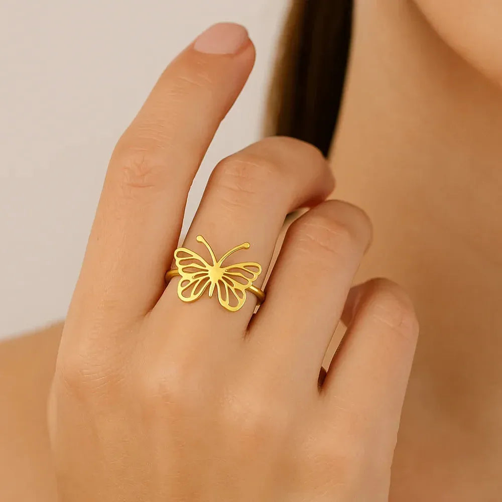 Anel Borboleta Vazado Rommanel em Ouro 18K – Design Delicado e Elegante
