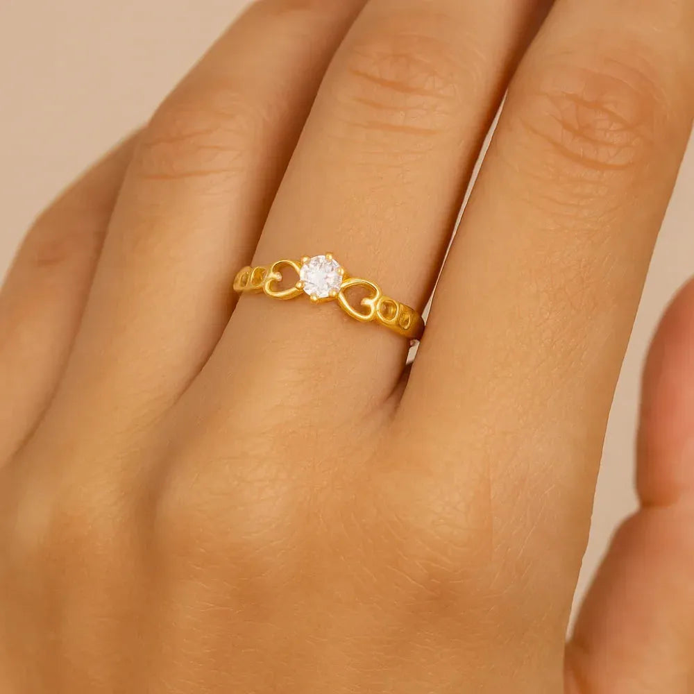 Anel Solitário Rommanel com Símbolos do Infinito e Corações Vazados em Ouro 18K – Zircônia Central 3,5mm - You Beauty