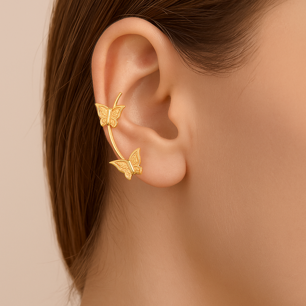 Brinco Ear Cuff Borboletas Rommanel Banhado a Ouro 18K – Design Delicado e Moderno