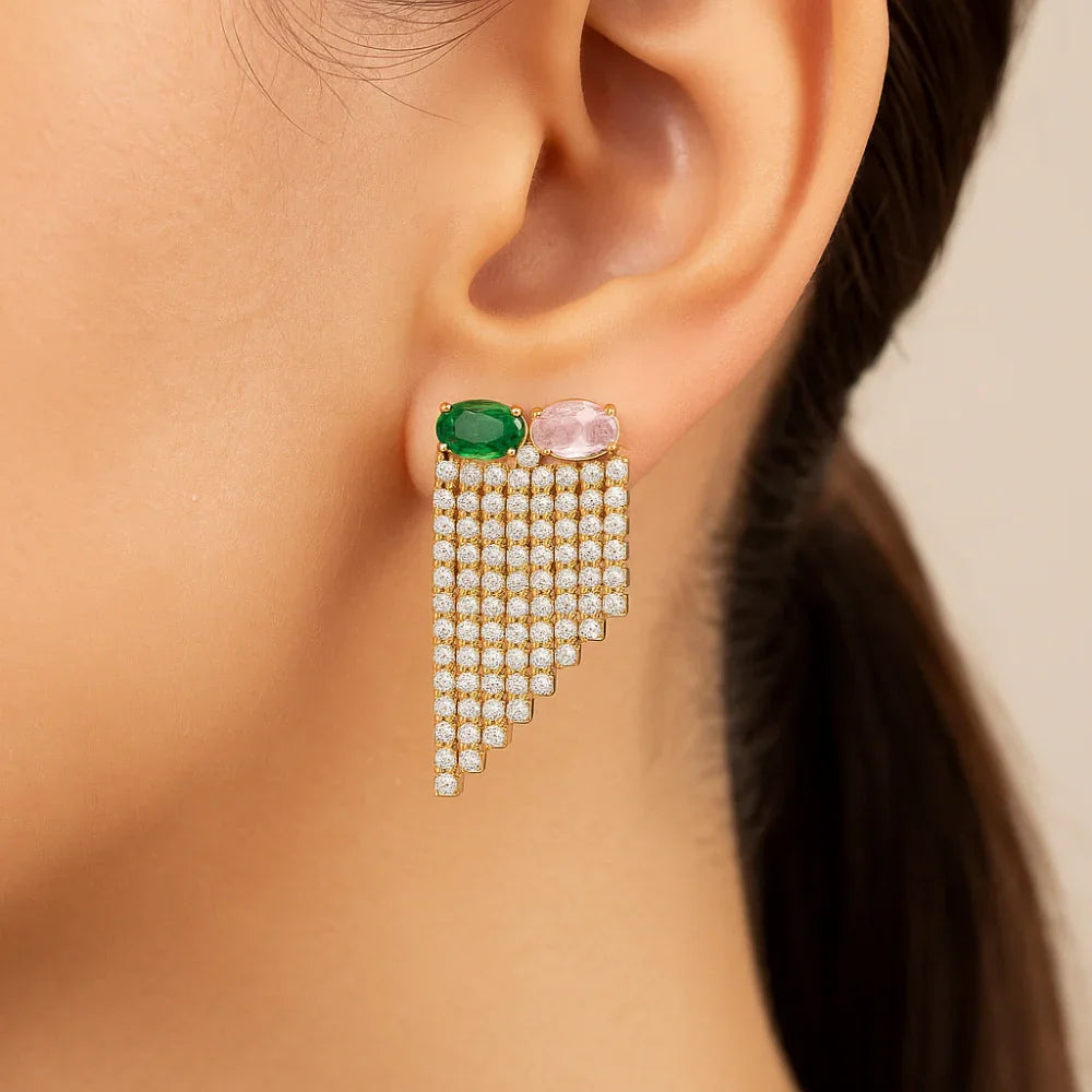 Brinco Ear Jacket com Franja de Zircônias Coloridas Rommanel em Ouro 18K – Design Riviera Luxuoso