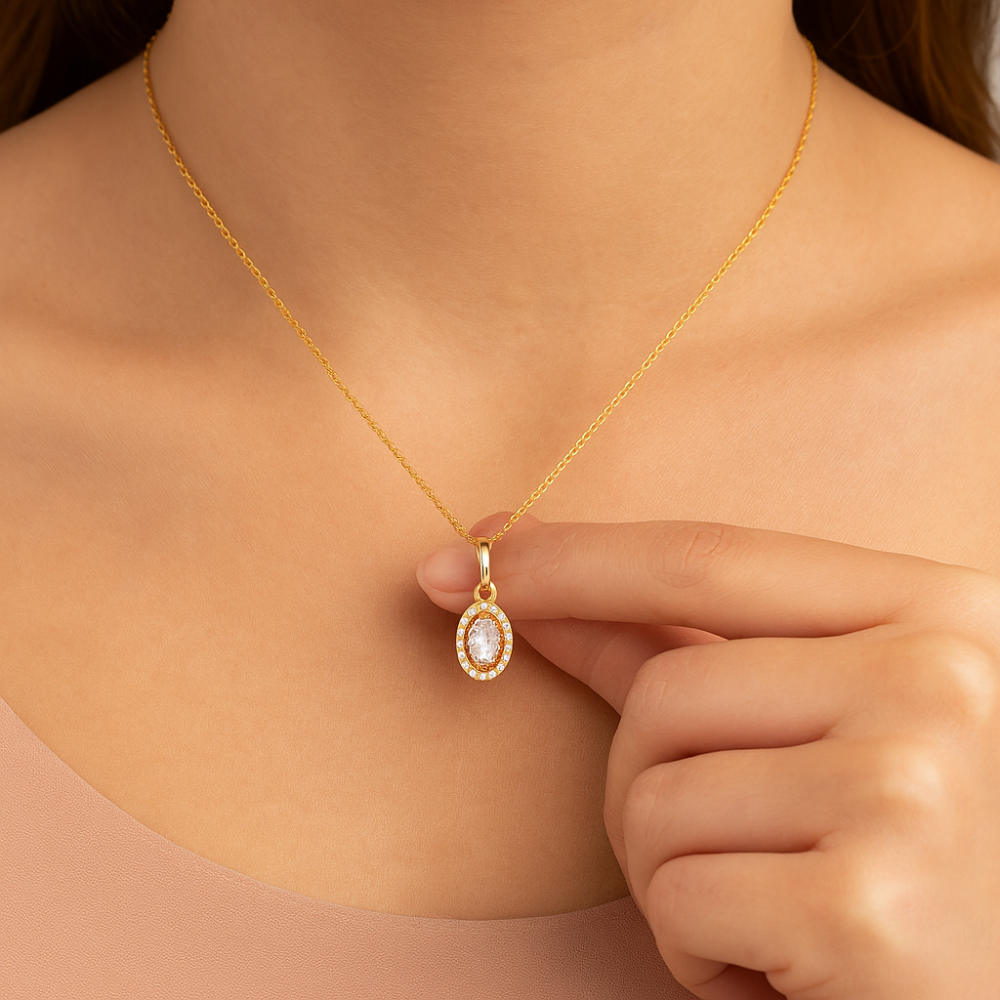 Pingente Oval Rommanel com 25 Zircônias Cravejadas em Ouro 18K – Design Brilhante e Sofisticado