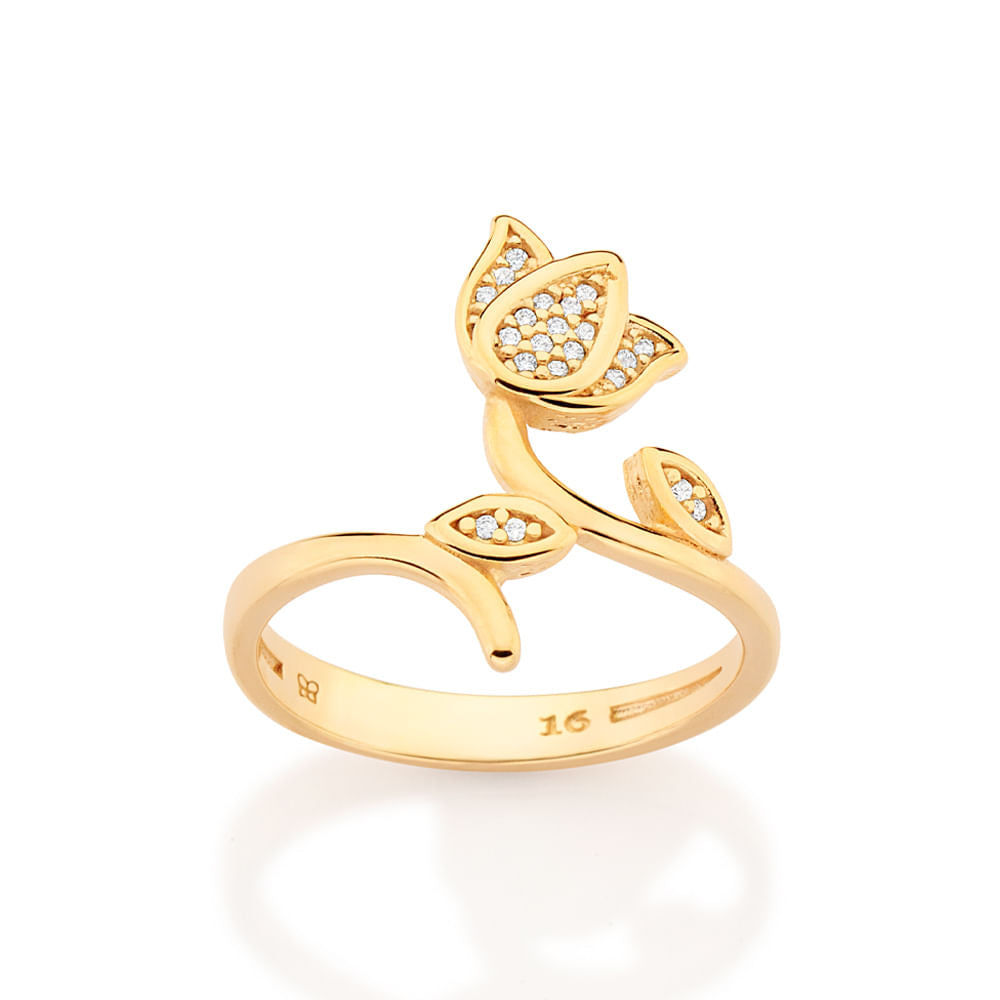 Anel Skinny Flor Tulípa Banhado a Ouro 18k Com Zircônias Coleção Ana Hickmann