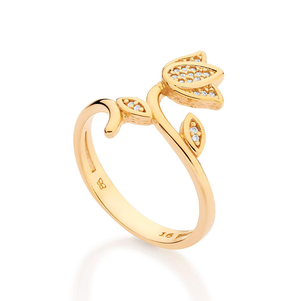 Anel Skinny Flor Tulípa Banhado a Ouro 18k Com Zircônias Coleção Ana Hickmann