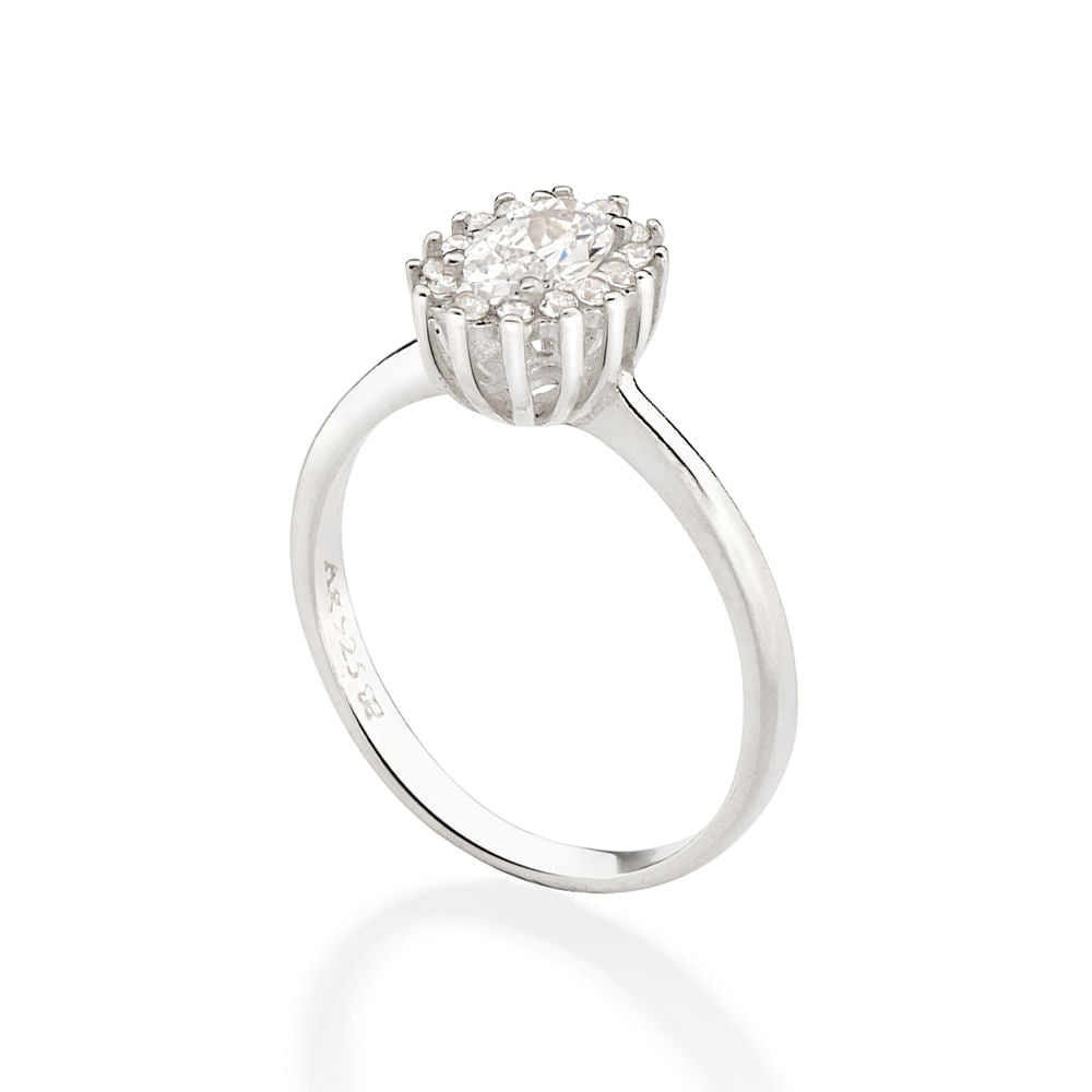Anel Solitário Rommanel com Zircônia Oval e 14 Pedras Cravejadas em Prata – Design Elegante e Brilhante
