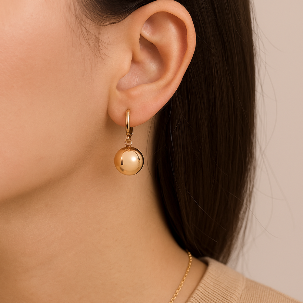 Brinco Argola Rommanel com Bolas Penduradas 12 mm em Ouro 18K – Design Moderno e Sofisticado