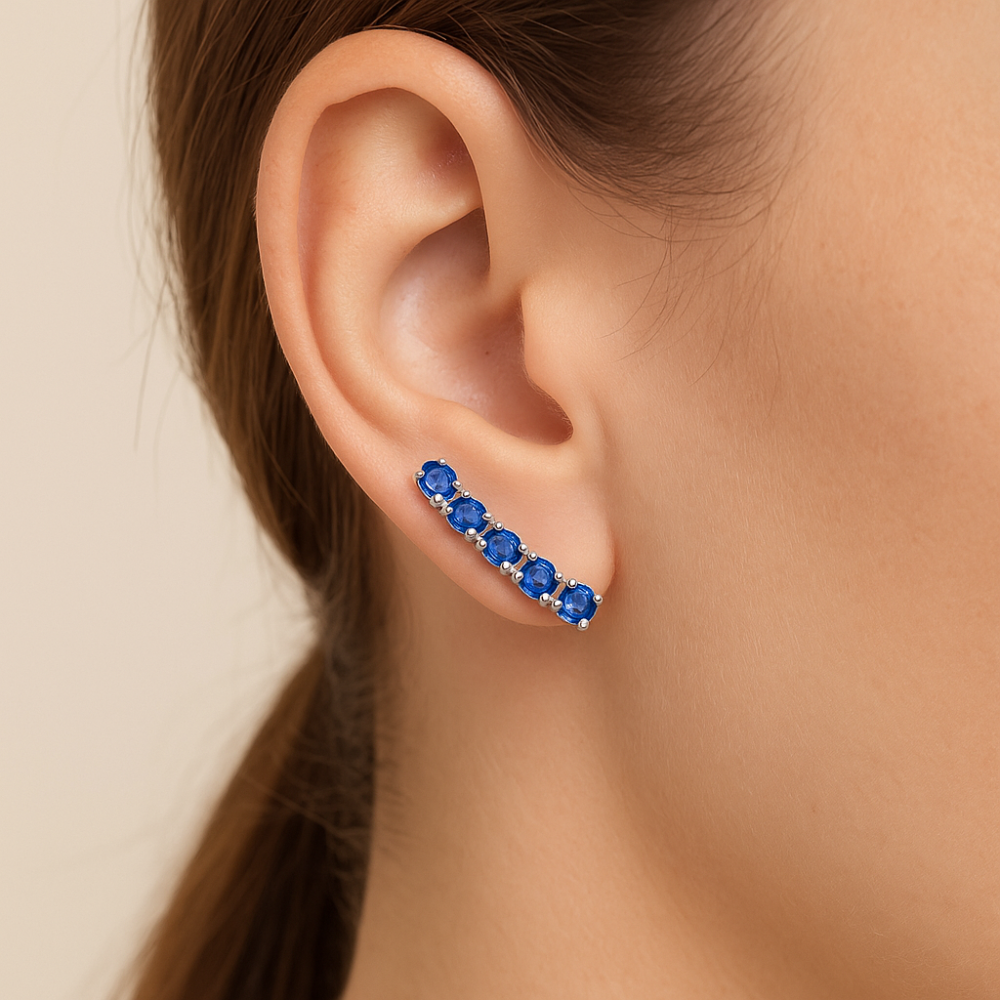 Brinco Clássico Rommanel com 10 Zircônias de 4mm em Prata – Design Elegante Azul Escuro