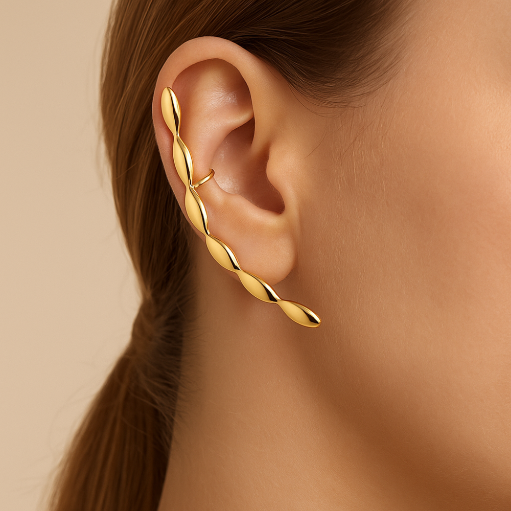 Brinco Ear Cuff Oval Rommanel em Ouro 18K – Design Exclusivo com Piercing de Pressão