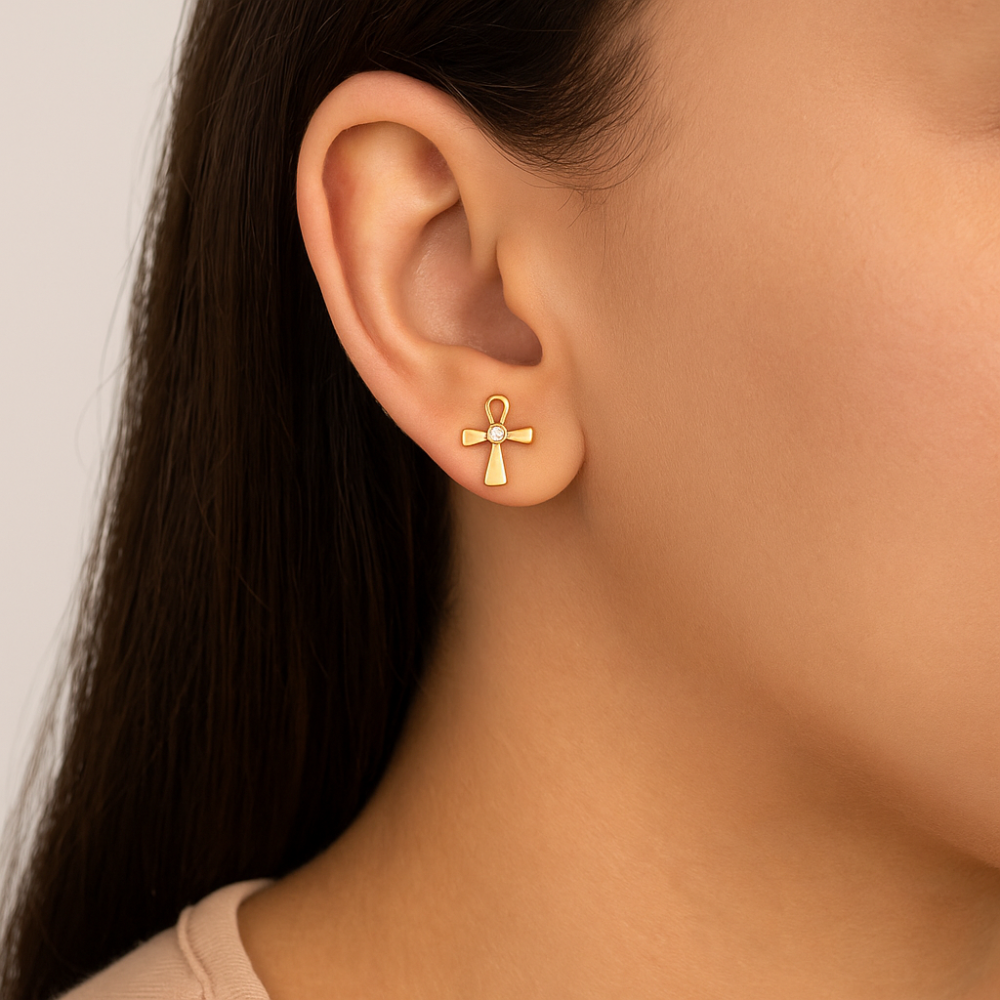Brinco Cruz Rommanel com 2 Zircônias em Ouro 18K – Design Delicado e Sofisticado