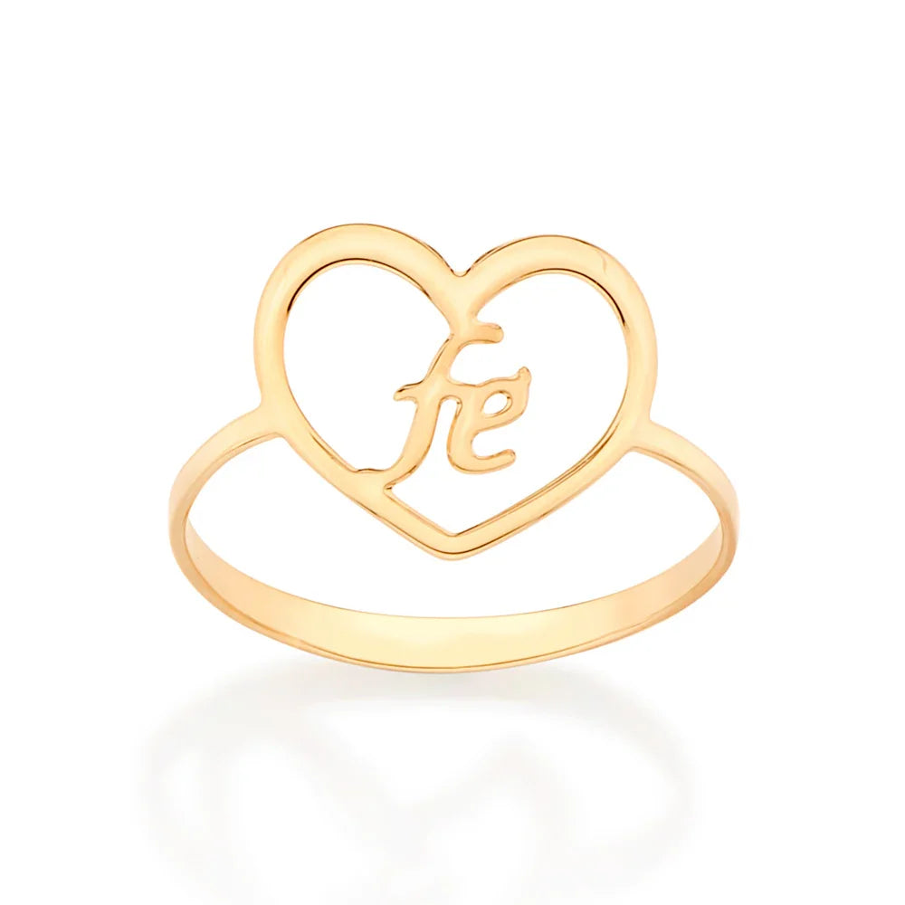 Anel Coração Vazado Rommanel em Ouro 18K – Detalhe Exclusivo com Escrita Fé - You Beauty