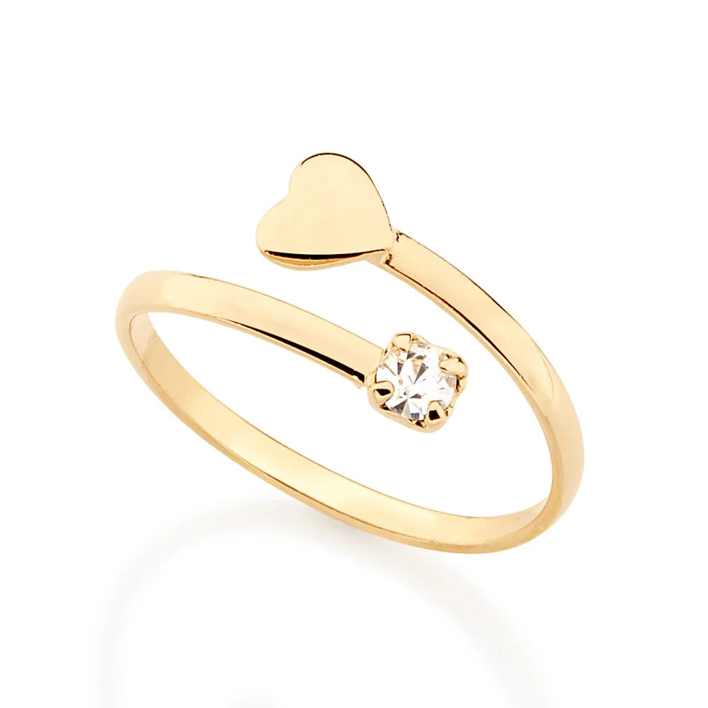 Anel Ajustável Rommanel para Falange em Banho de Ouro 18K – Detalhe Espiral com Coração e Cristal 3mm - You Beauty