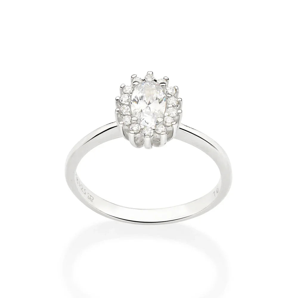 Anel Solitário Rommanel com Zircônia Oval e 14 Pedras Cravejadas em Prata – Design Elegante e Brilhante - Joias Rommanel | YouBeauty - Brincos, Colares e Anéis com Frete Grátis