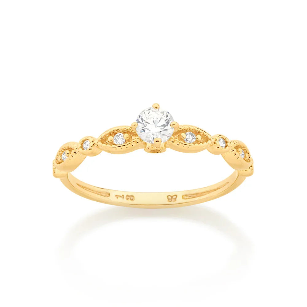 Anel Cravejado Rommanel com Zircônias Brancas em Ouro 18K – Destaque Central com Zircônia 4mm - You Beauty