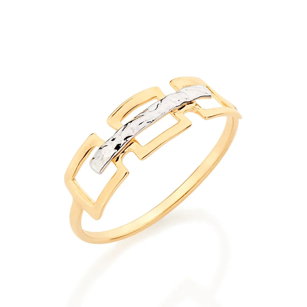 Anel Rommanel com Quadrados Vazados em Ouro 18K Banhado – Detalhe em Filete de Rhodium - You Beauty