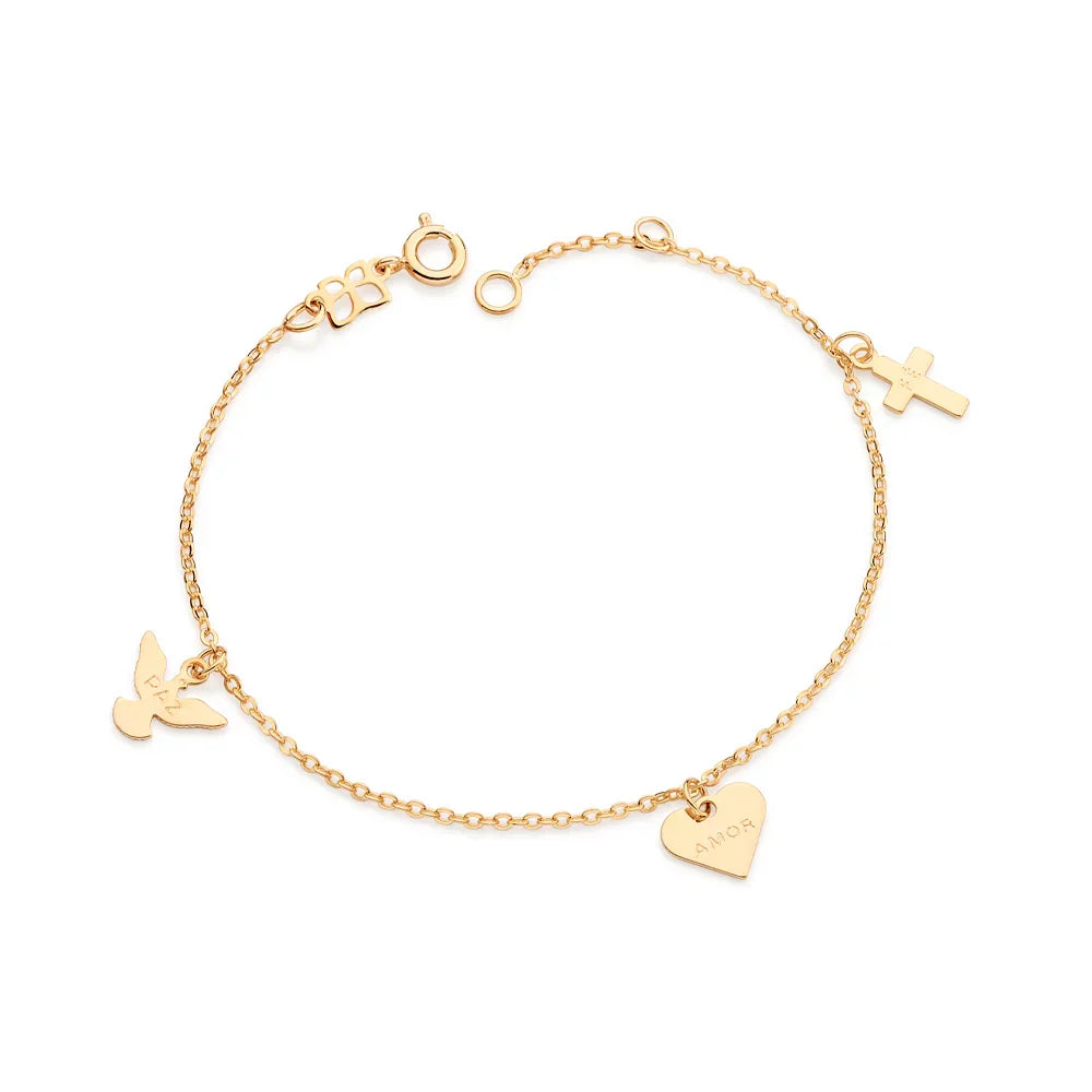 Pulseira Rommanel em Corrente Elo Cadeado Laminada com Pingentes Espírito Santo, Coração e Cruz – Símbolos Paz, Amor e Fé Ajustável 19 cm - Joias Rommanel | YouBeauty - Brincos, Colares e Anéis com Frete Grátis