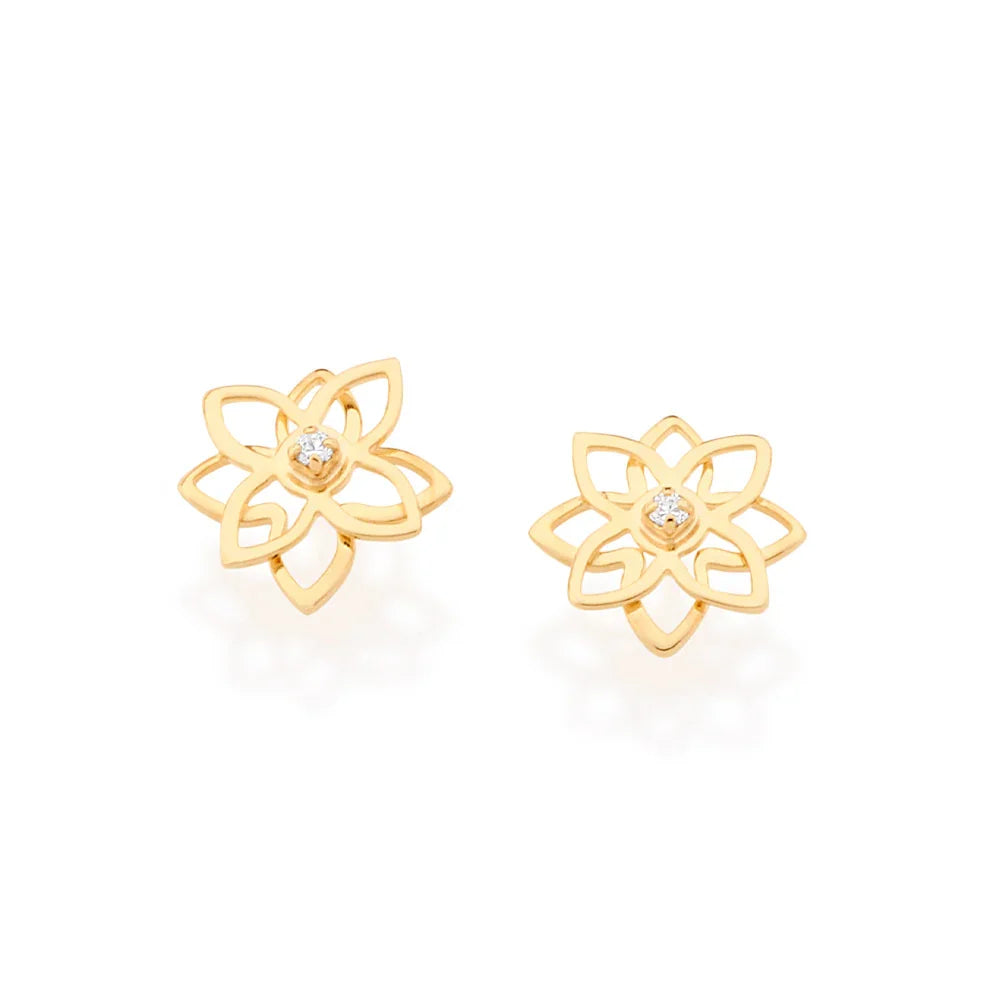 Brinco Flor Vazado Rommanel com 2 Zircônias em Ouro 18K – Design Delicado e Elegante - Joias Rommanel | YouBeauty - Brincos, Colares e Anéis com Frete Grátis