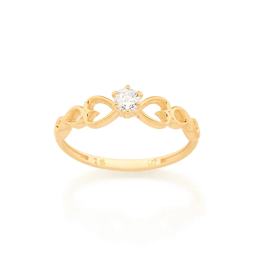 Anel Solitário Rommanel com Símbolos do Infinito e Corações Vazados em Ouro 18K – Zircônia Central 3,5mm - You Beauty