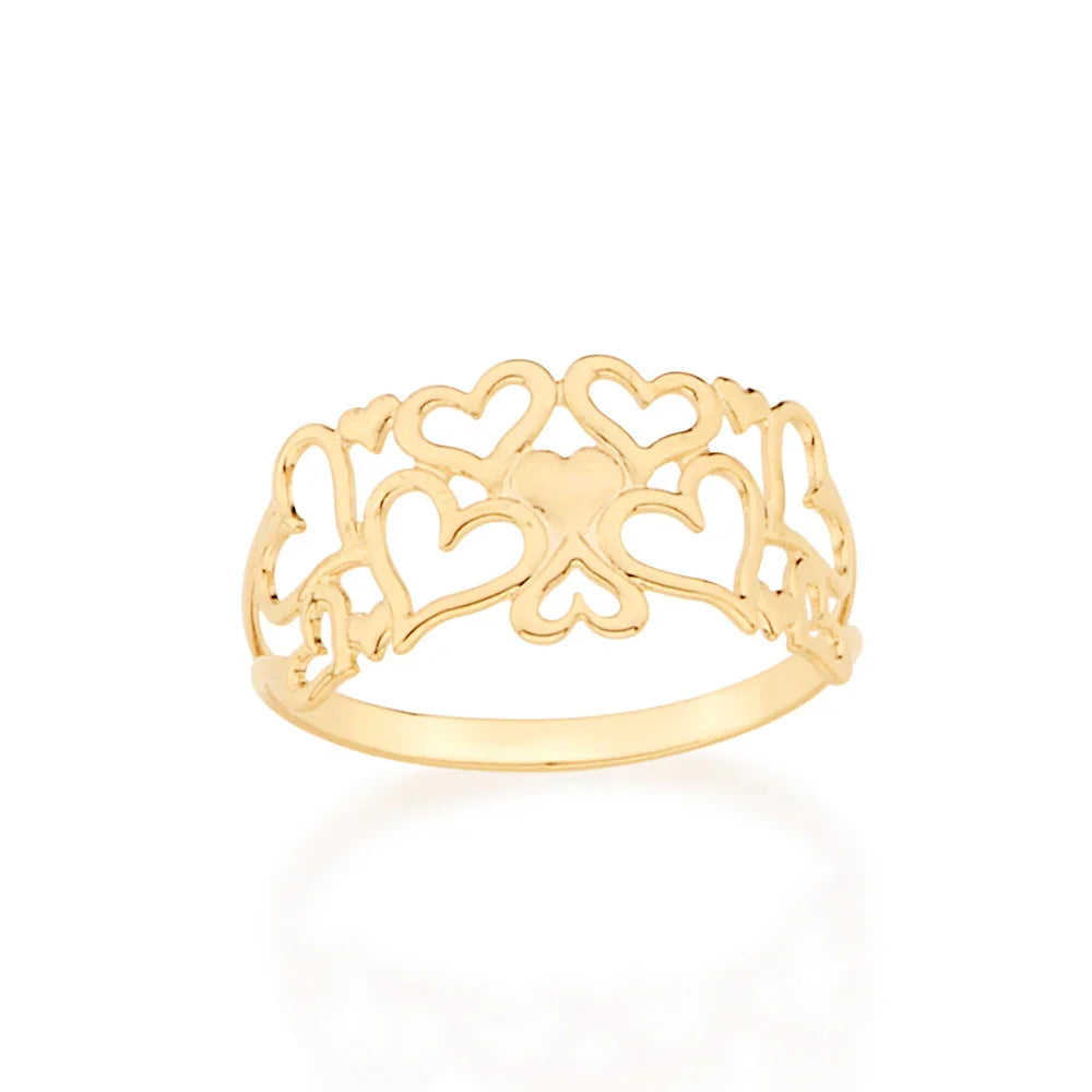 Anel Rommanel com Detalhe de Corações Vazados e Lisos em Ouro 18K – Design Exclusivo e Delicado - You Beauty