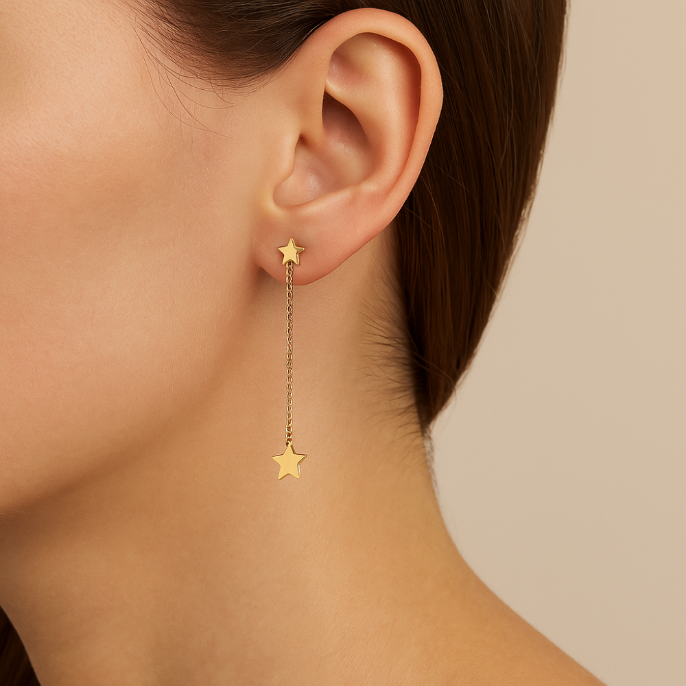 Brinco Pendurado Rommanel com 4 Estrelas em Ouro 18K – Corrente Elo Cadeado Exclusiva