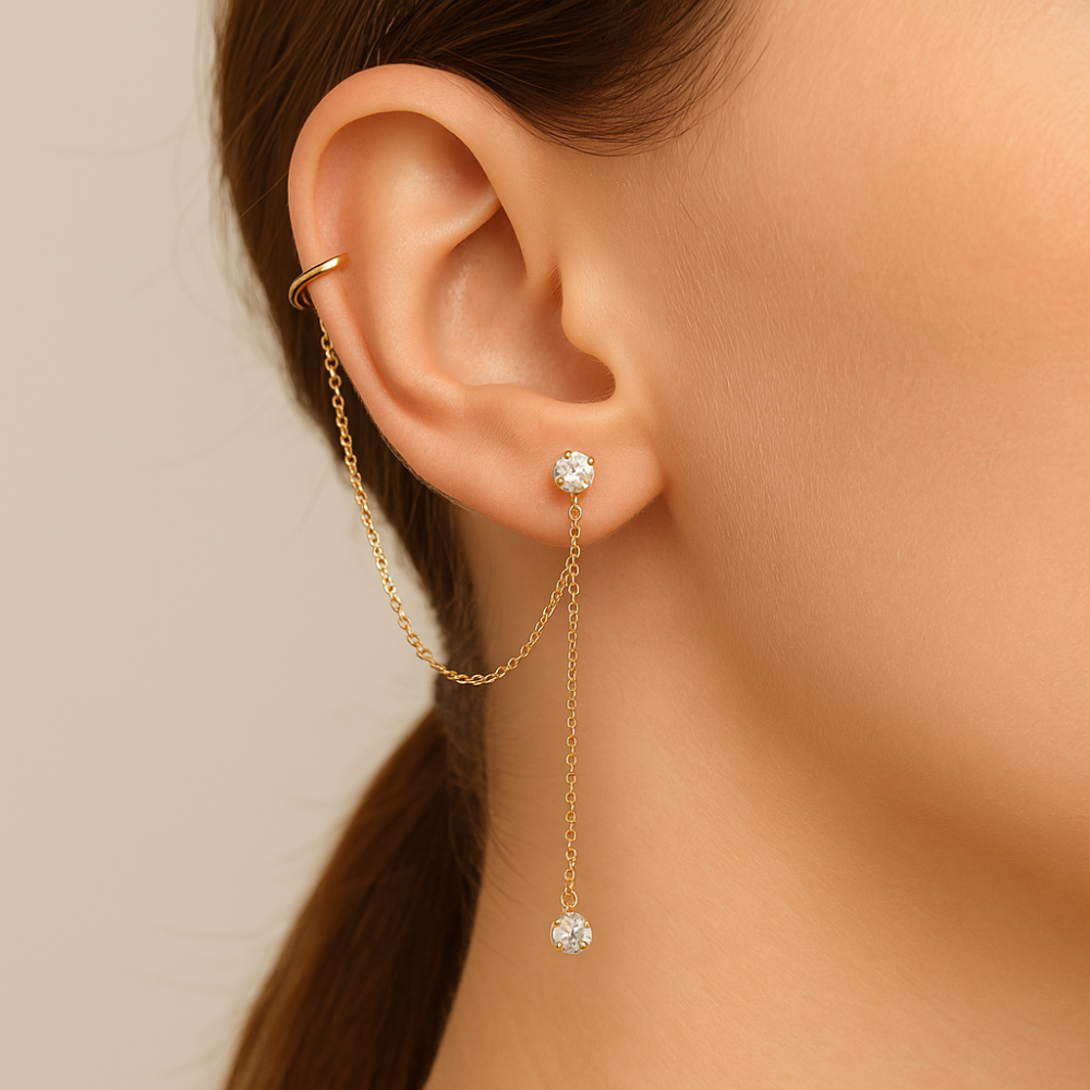 Brinco Ear Cuff Rommanel com Corrente Elo Cadeado e Zircônias em Ouro 18K – Piercing de Pressão Ajustável
