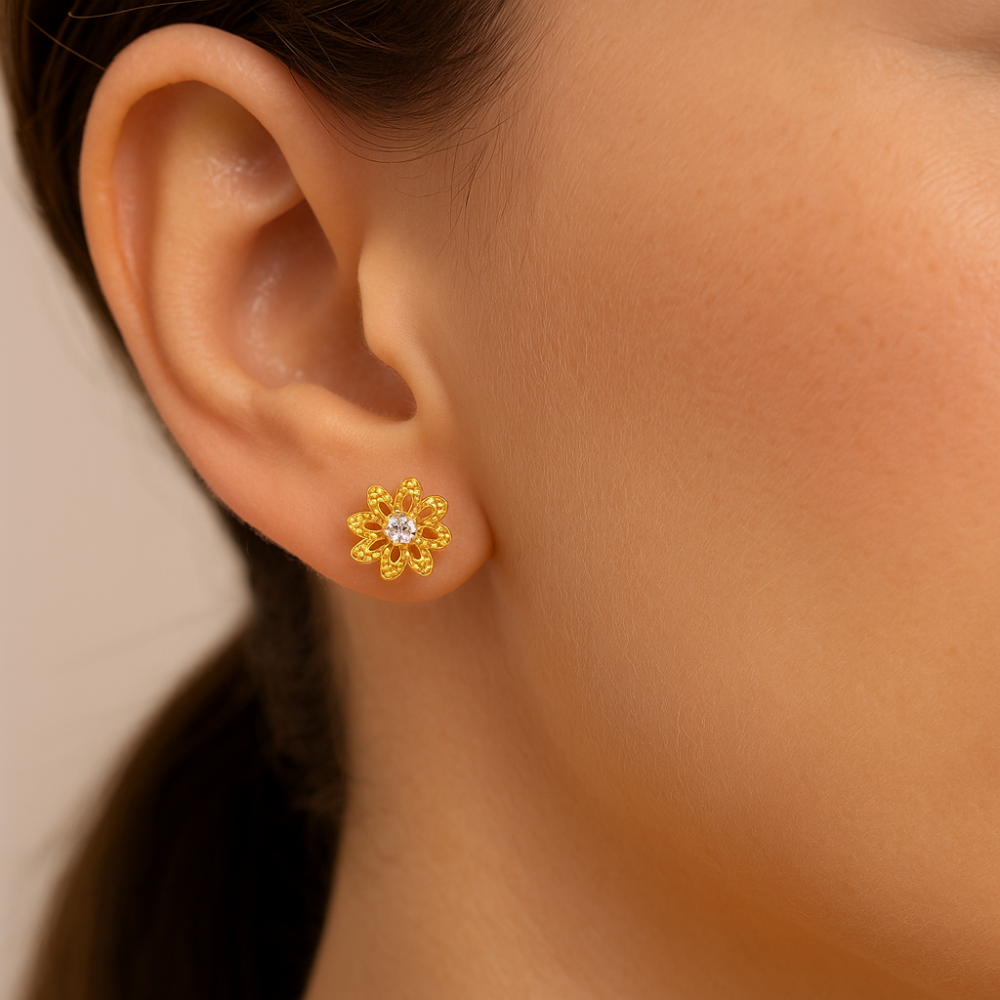 Brinco Flor com 2 Zircônias 2mm Rommanel em Ouro 18K – Design Delicado e Elegante