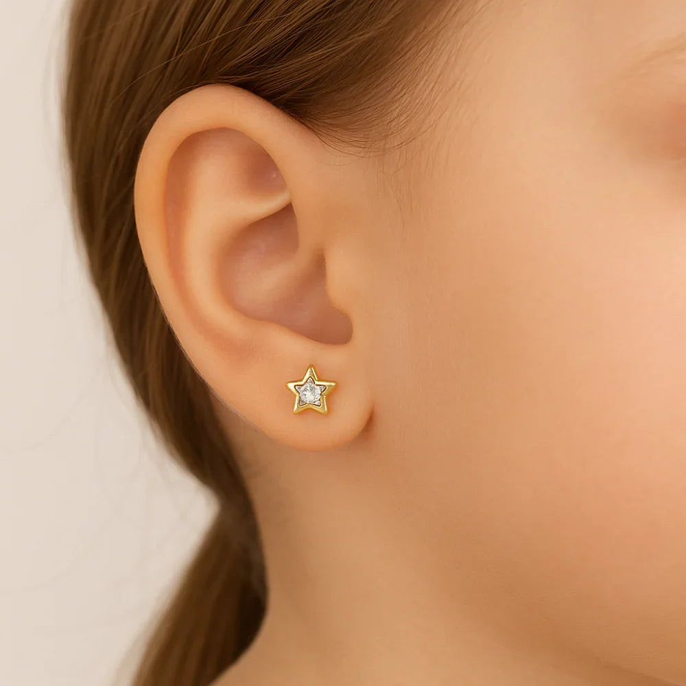 Brinco Infantil Solitário Estrela Rommanel com Cristal em Banho de Ouro 18K – Delicado e Brilhante