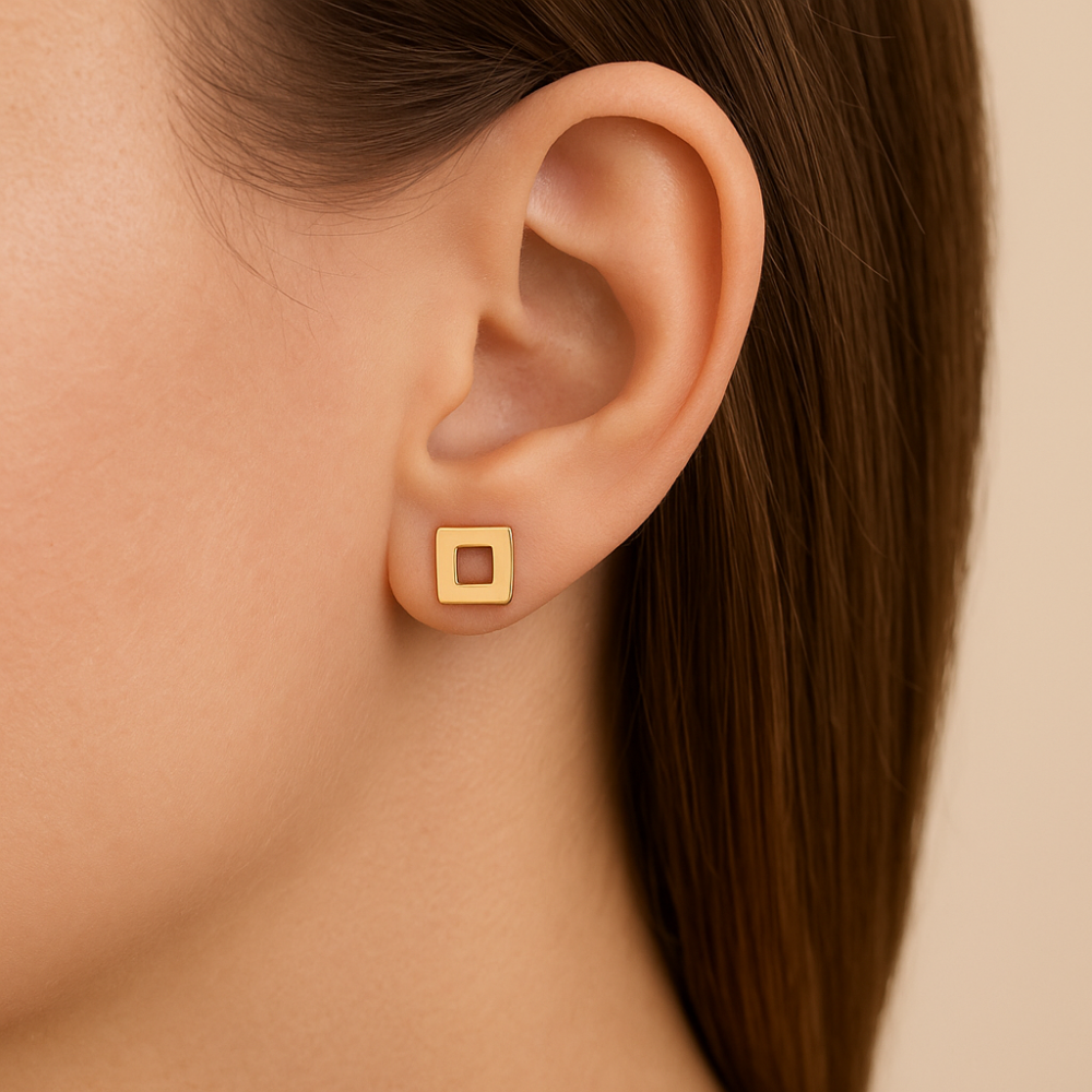 Brinco Quadrado Vazado Rommanel em Ouro 18K – Design Minimalista Elegante