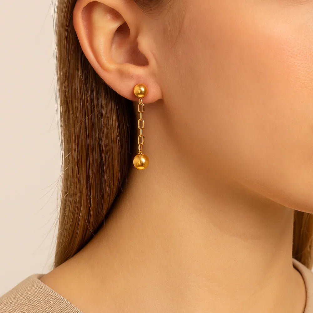 Brinco Rommanel com Bolas e Fios de Elos em Banho de Ouro 18K – Design Elegante e Moderno