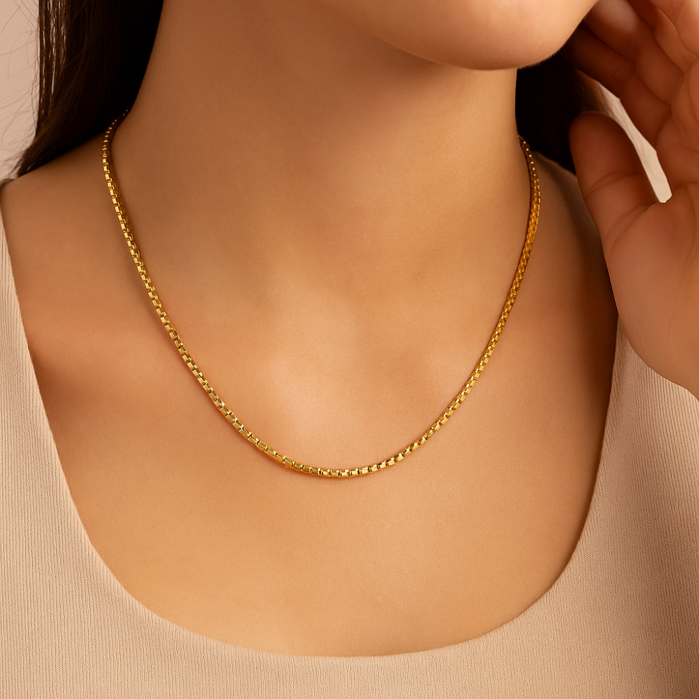 Cordão Gargantilha Rommanel com Elos Cadeado Quadrados Banhado a Ouro 18K – Ajustável 50 cm