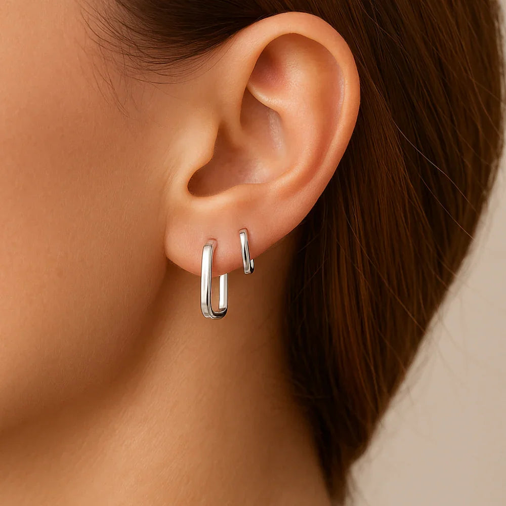 Kit de Brincos Rommanel de Argolas Retangulares em Prata – Tamanhos 1,1 cm e 1,5 cm