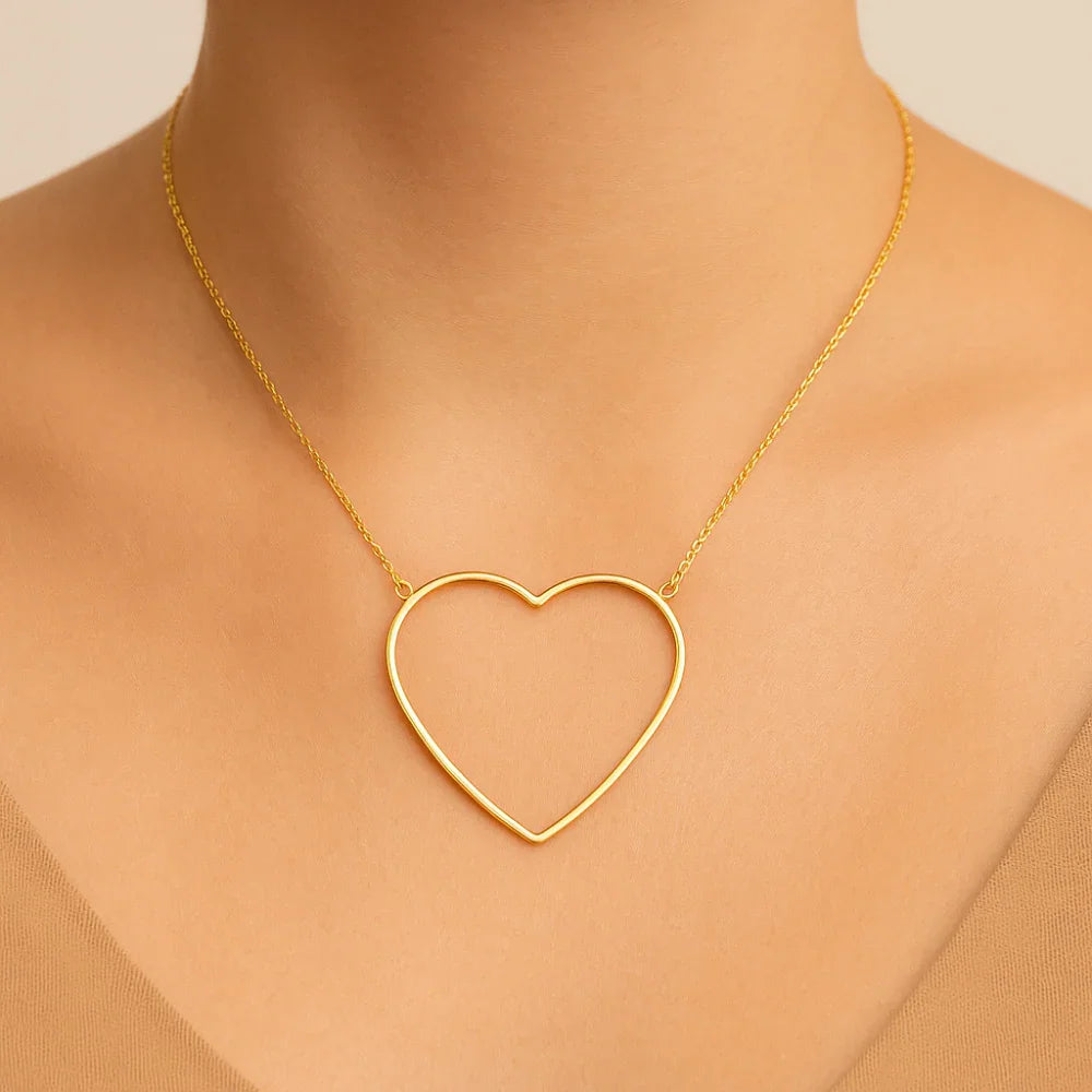 Maxi Colar com Pingente Coração Vazado Rommanel em Banho de Ouro 18K – Design de Elos Intercalados Ajustável