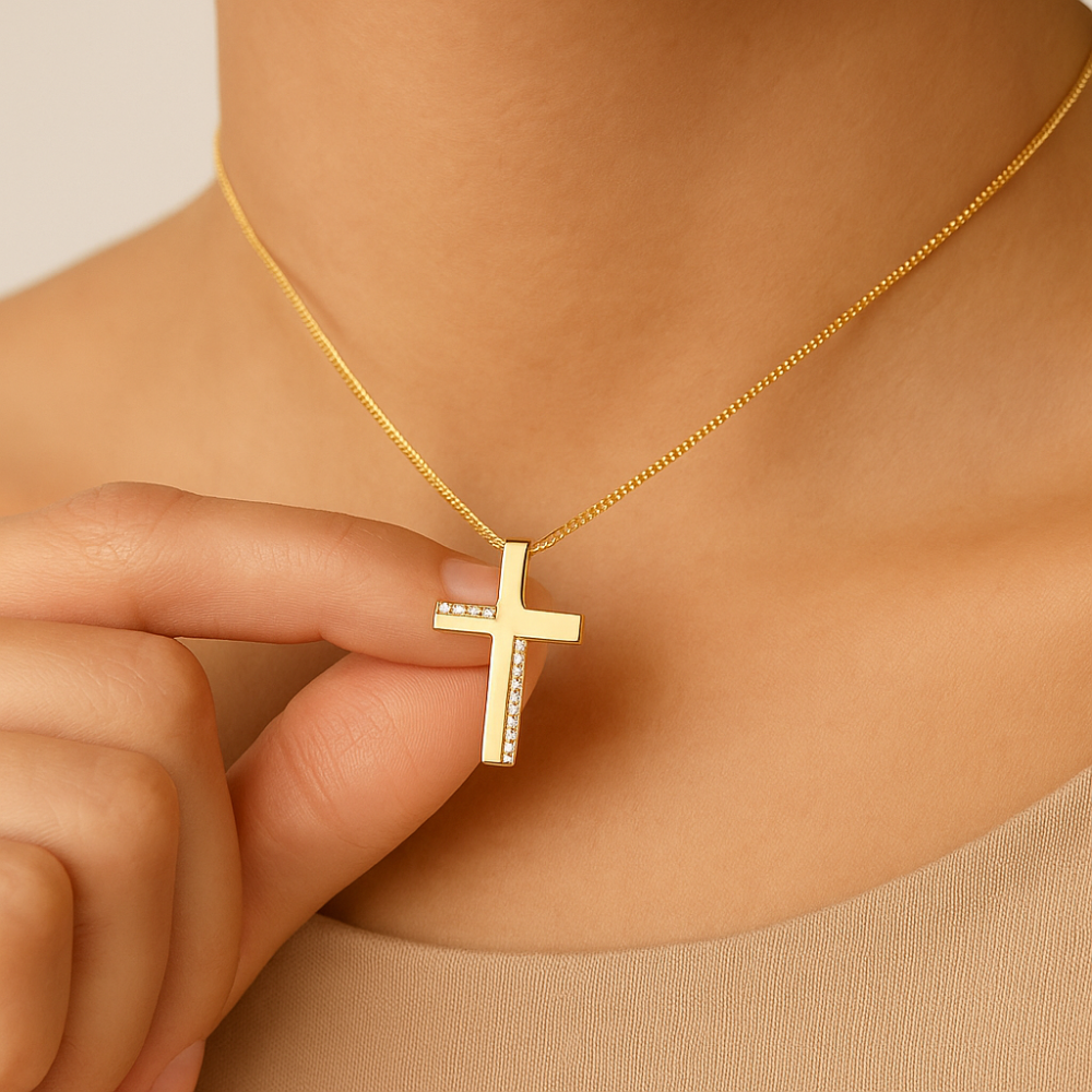 Pingente Cruz Rommanel Cravejado com 31 Zircônias em Ouro 18K – Design Elegante e Brilhante