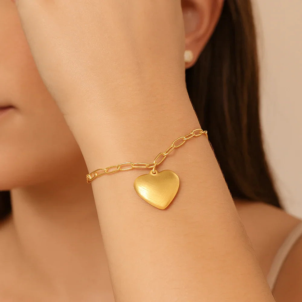 Pulseira Rommanel com Pingente de Coração em Ouro 18K – Corrente de Elo Lixado Fino
