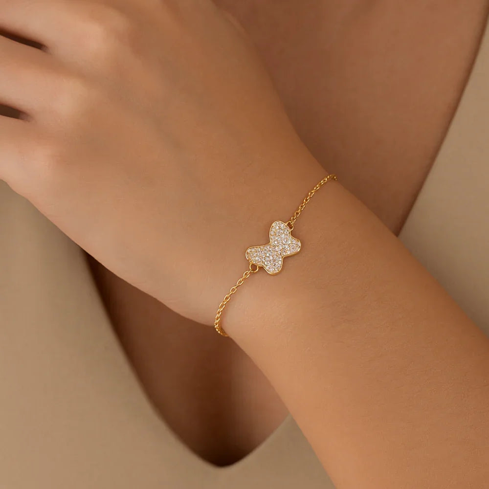 Pulseira Rommanel com Pingente Laço Cravejado de Zircônias – Corrente Elo Cadeado Laminada