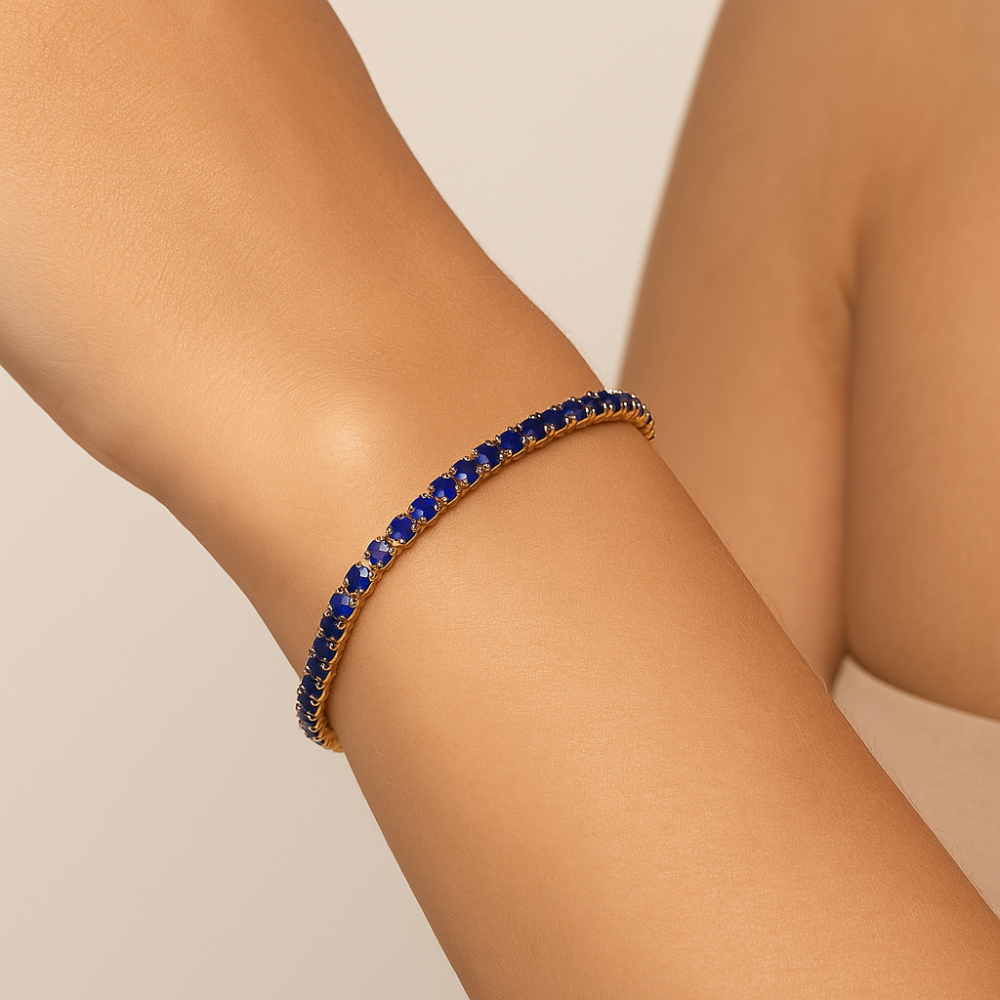 Pulseira Riviera Rommanel com 77 Cristais Azul Escuro – Coleção Ana Hickmann, Banho Ouro 18K Ajustável