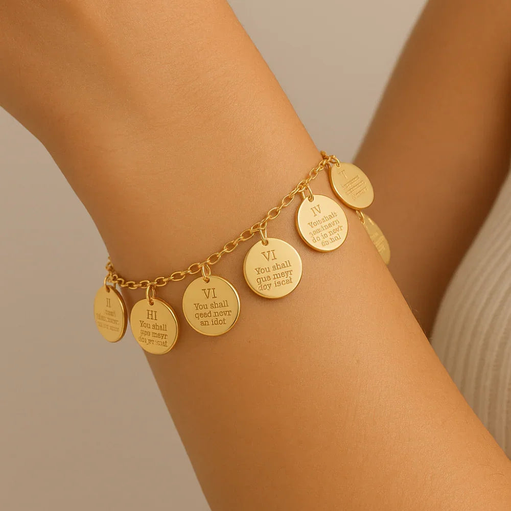 Pulseira Rommanel em Elo Cadeado com 10 Medalhas dos Mandamentos – Ajustável 17 a 19 cm