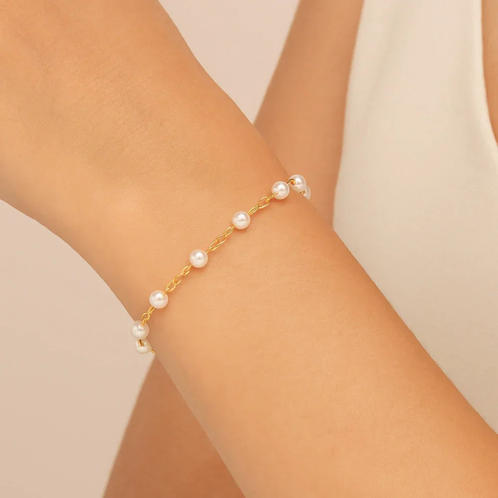 Pulseira Rommanel com Corrente Elo Cadeado e Pérolas Sintéticas 4mm – Ajustável e Elegante