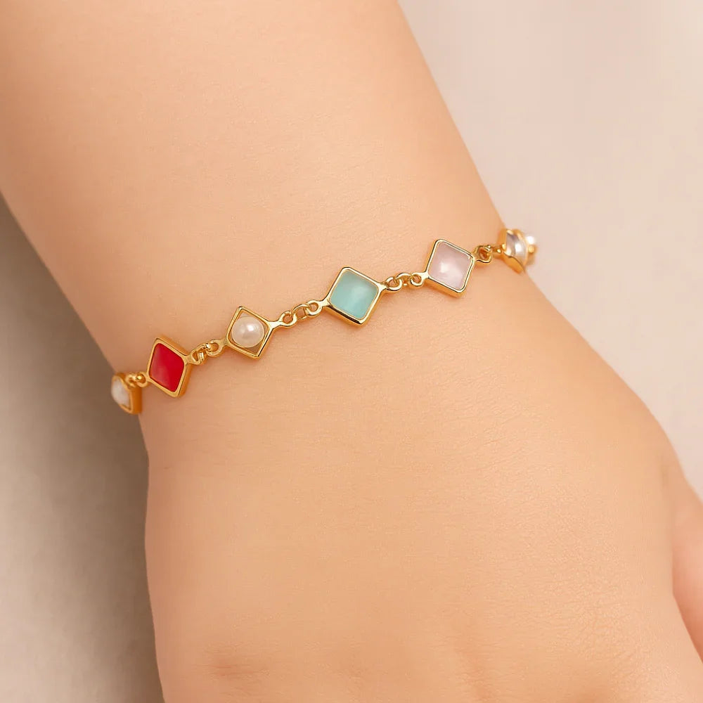 Pulseira Infantil Rommanel de Pedras Coloridas com Pérolas Sintéticas – Design Delicado 14 cm