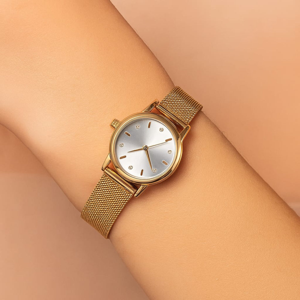 Relógio Analógico Social Redondo Rommanel com Cristais em Aço Dourado – Design Elegante e Resistente à Água