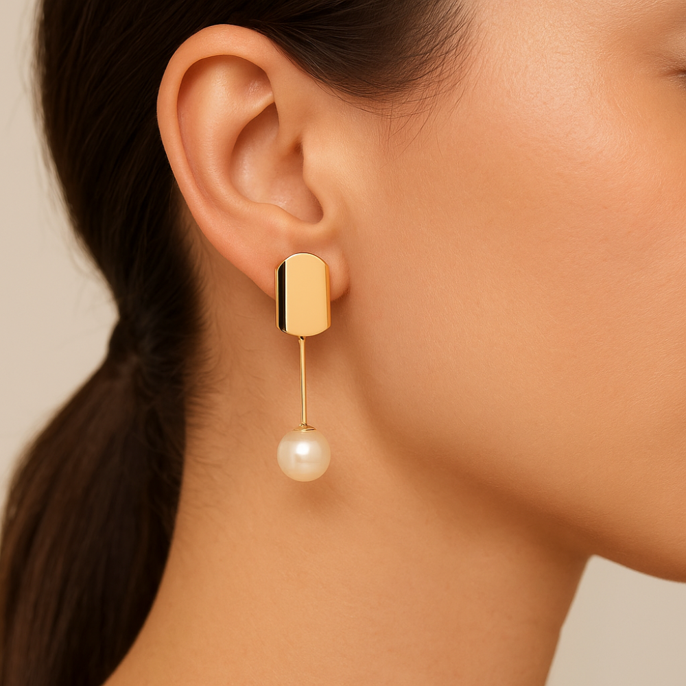 Brinco Tubo com Pérola Sintética 8mm Rommanel em Ouro 18K – Design Elegante e Moderno