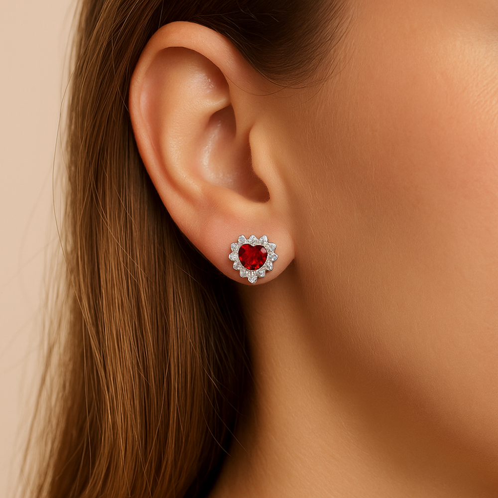 Brinco Coração Rommanel Cravejado com Zircônias em Prata – Detalhe Vermelho e Branco