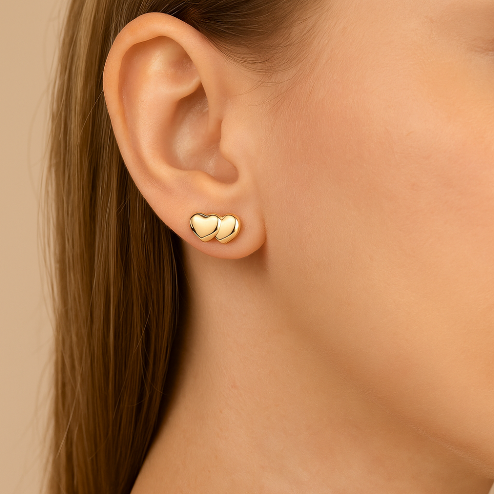 Brinco Corações Lisos Sobrepostos Rommanel em Ouro 18K – Design Delicado e Elegante