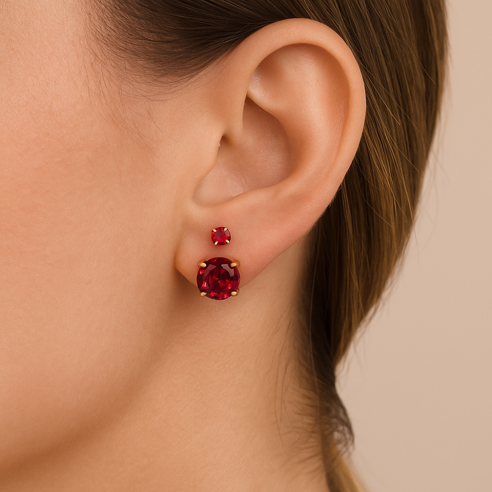 Kit Brinco Rommanel com Cristais Vermelhos de 3mm e 5mm – Banho Ouro 18K, Design Elegante