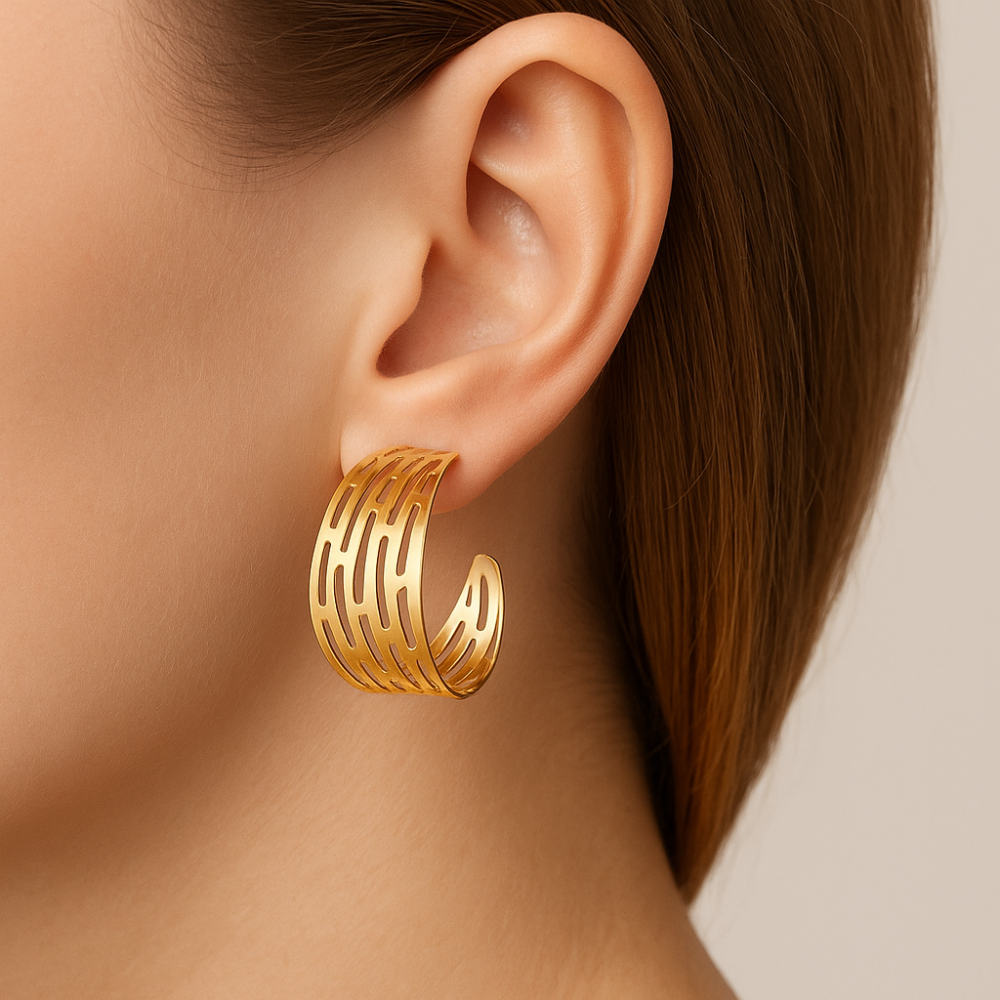 Brinco Meia Argola Estilizado Rommanel em Ouro 18K – Design Elegante e Moderno