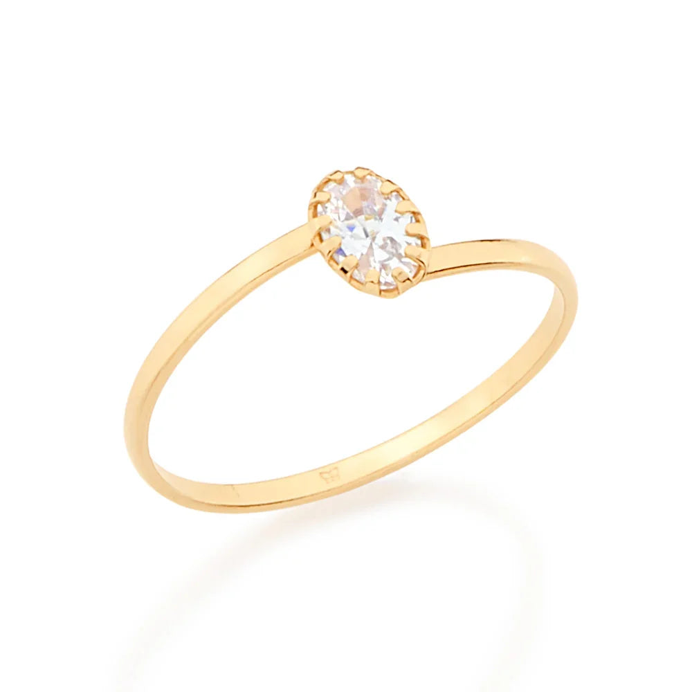 Anel Solitário Rommanel com Zircônia Oval 4x6mm em Ouro 18K – Design Clássico e Elegante - You Beauty