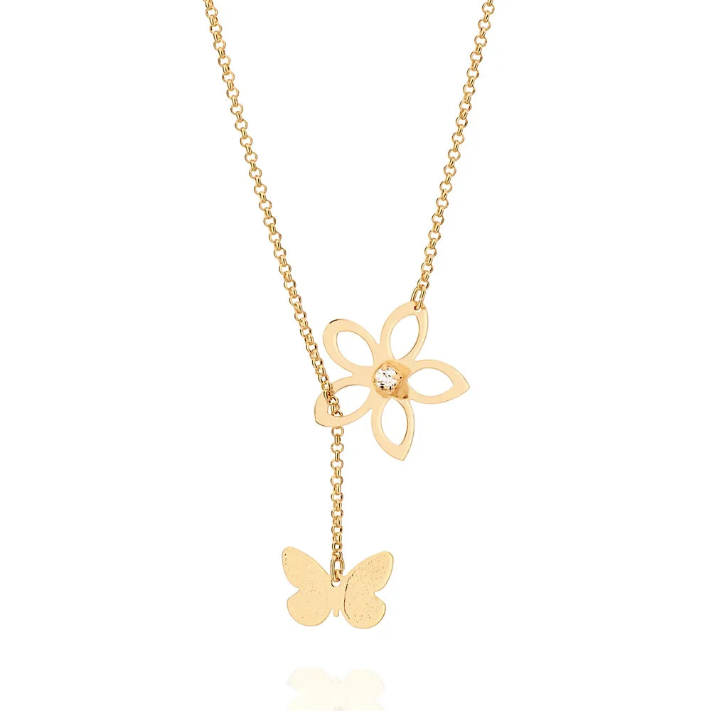 Cordão Elo Português Rommanel com Flor Vazado, Cristal e Borboleta Trabalhada – 50 cm Banho Branco - Joias Rommanel | YouBeauty - Brincos, Colares e Anéis com Frete Grátis