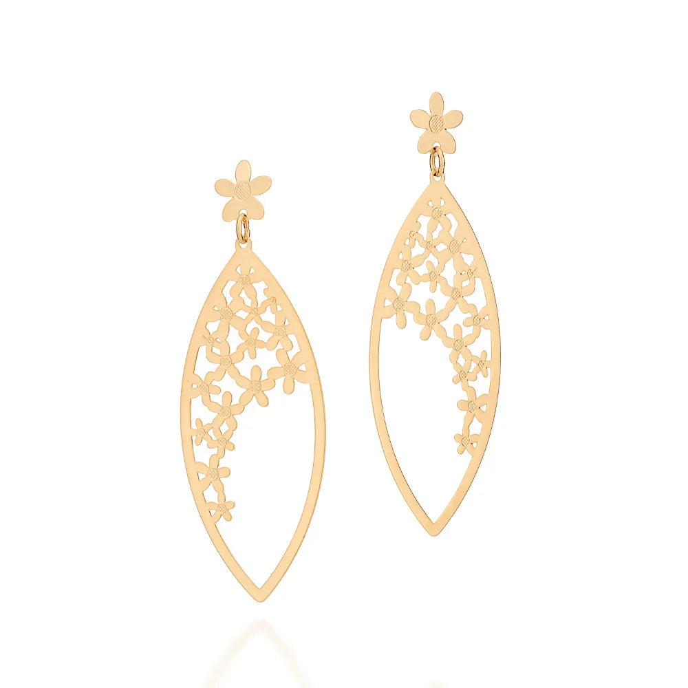 Brinco Maxi Rommanel Base Flor com Navete Pendurada em Ouro 18K – Design Floral Sofisticado - Joias Rommanel | YouBeauty - Brincos, Colares e Anéis com Frete Grátis
