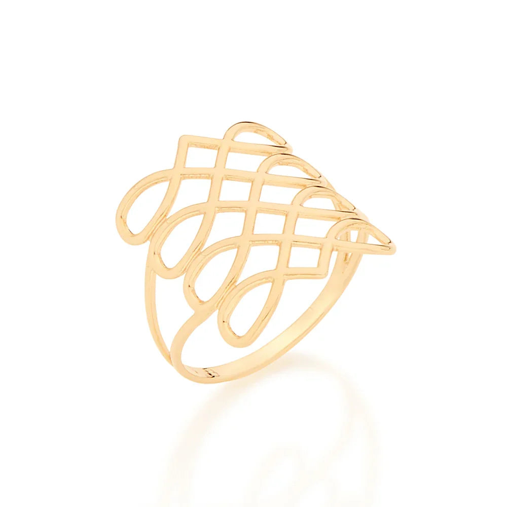Maxi Anel Rommanel com Fios Entrelaçados e Vazados em Ouro 18K – Design Ondulado Exclusivo - You Beauty